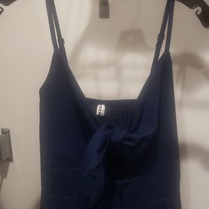 Navy Blue Front Tie V Neck Dress